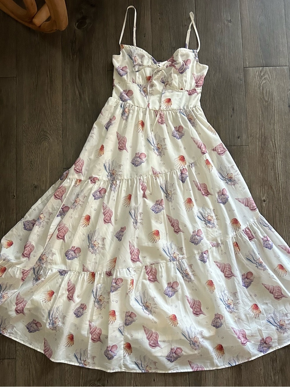 White Tiered Sundress with Pink & Purple Seashell Print
